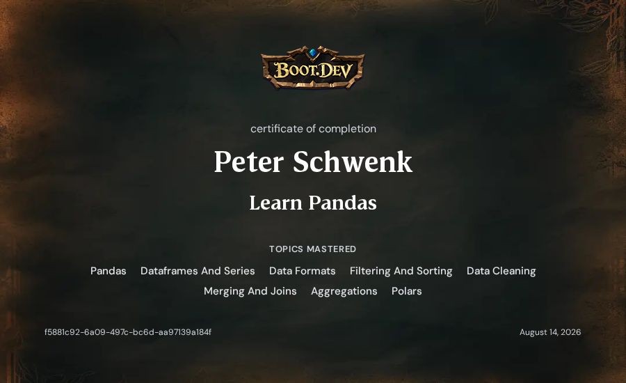 Peter Schwenk's Boot.dev Learn Pandas certificate