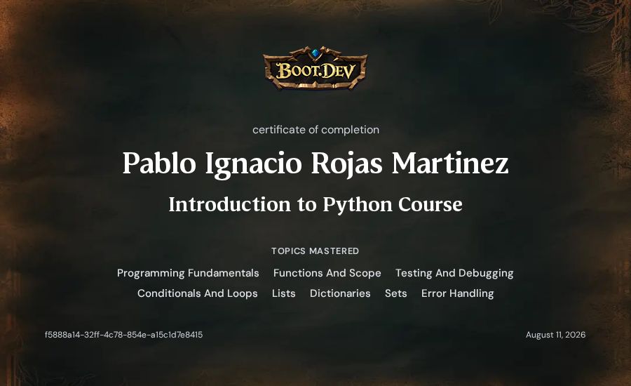Pablo Ignacio Rojas Martinez's Boot.dev Introduction to Python Course certificate