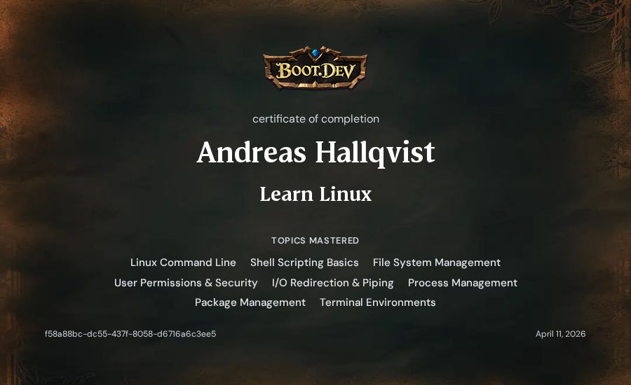 Andreas Hallqvist's Boot.dev Learn Linux certificate