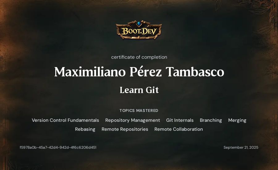 Maximiliano Pérez Tambasco's Boot.dev Learn Git certificate