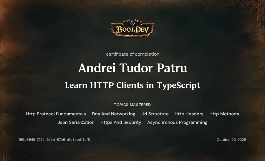 Andrei Tudor Patru's Boot.dev Learn HTTP Clients in TypeScript certificate