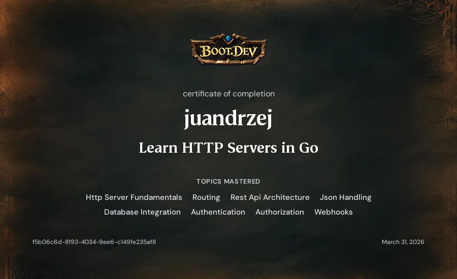 juandrzej's Boot.dev Learn HTTP Servers in Go certificate
