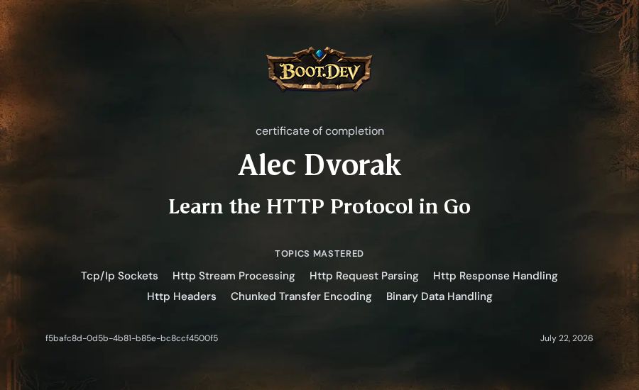 Alec Dvorak's Boot.dev Learn the HTTP Protocol in Go certificate
