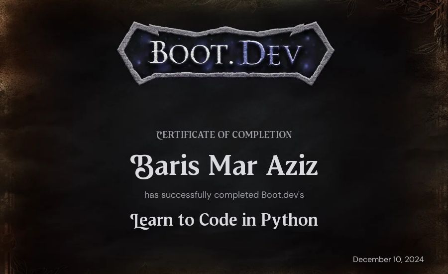 Baris Mar Aziz's Boot.dev Introduction to Python Course certificate