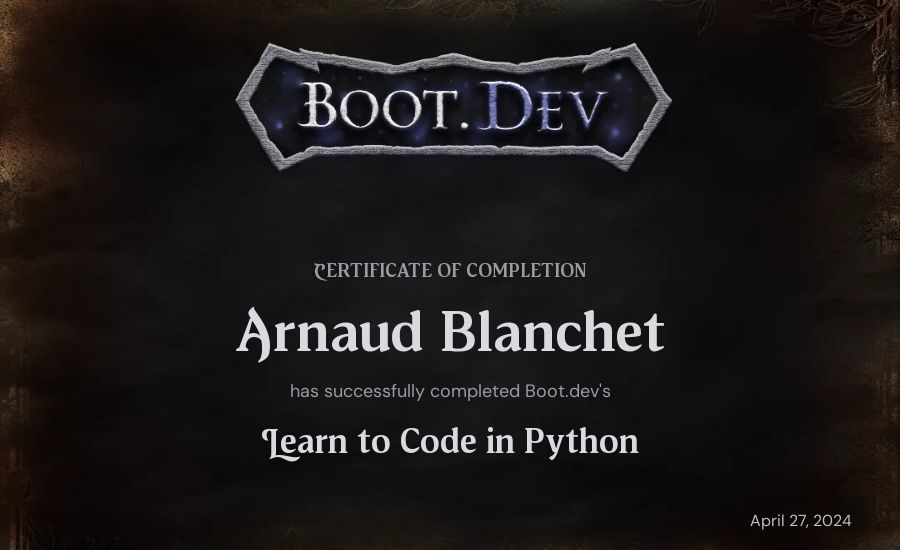 A Blanchet's Boot.dev Introduction to Python Course certificate