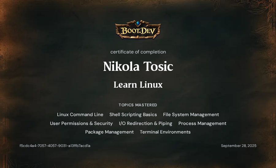 Nikola Tosic's Boot.dev Learn Linux certificate
