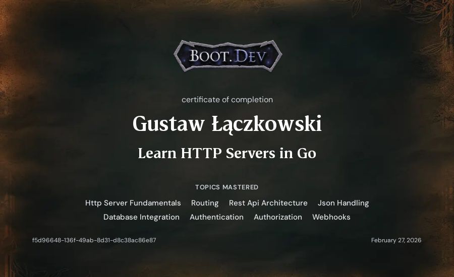 Gustaw Łączkowski's Boot.dev Learn HTTP Servers in Go certificate
