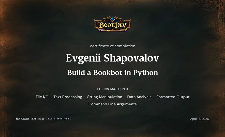 Evgenii Shapovalov's Boot.dev Build a BookBot in Python certificate