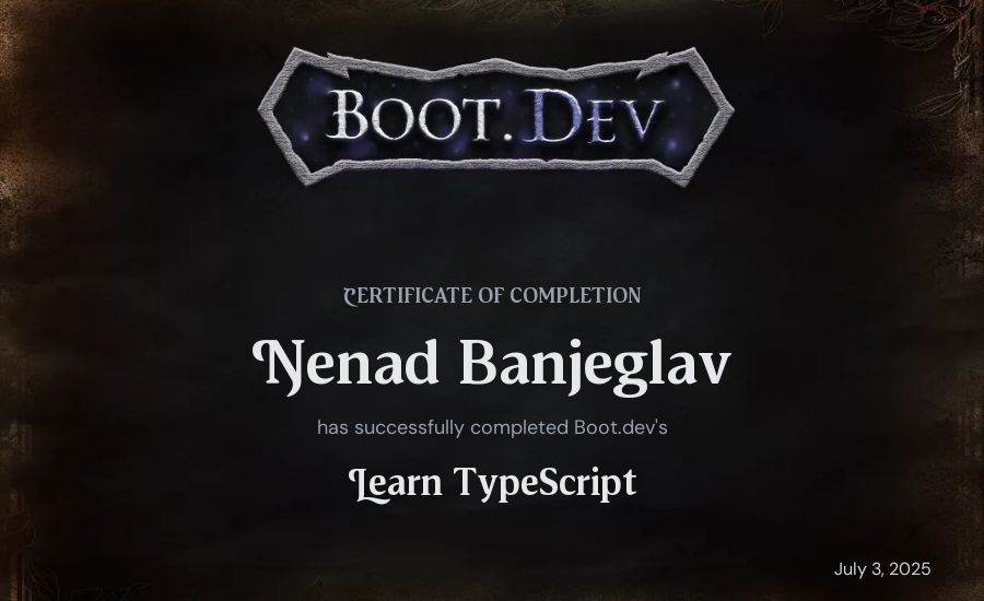 Nenad Banjeglav's Boot.dev Learn TypeScript certificate