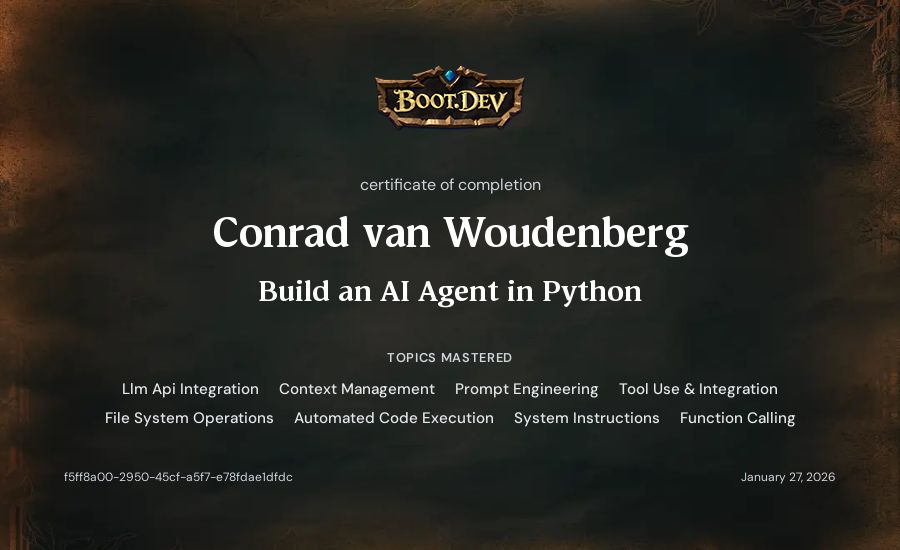 Conrad van Woudenberg's Boot.dev Build an AI Agent in Python certificate