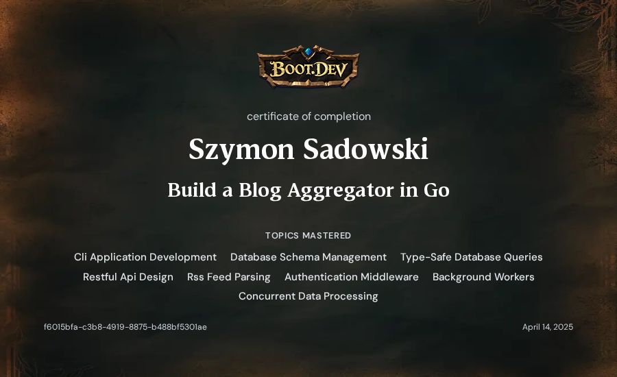 Szymon Sadowski's Boot.dev Build a Blog Aggregator in Go certificate