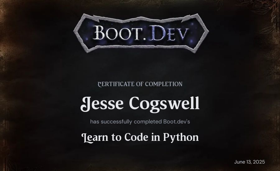 Jesse Cogswell's Boot.dev Introduction to Python Course certificate