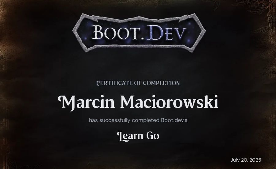 Marcin Maciorowski's Boot.dev Learn Go certificate