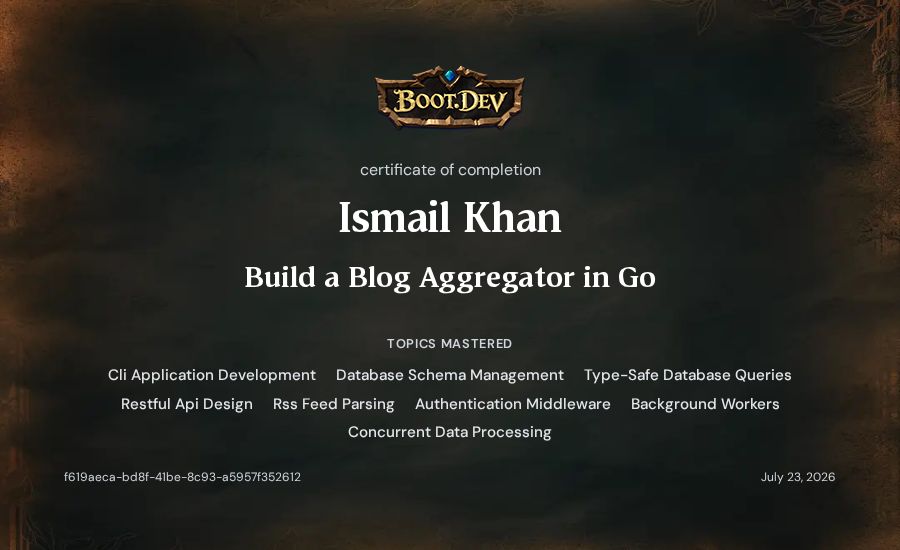 Ismail Khan's Boot.dev Build a Blog Aggregator in Go certificate