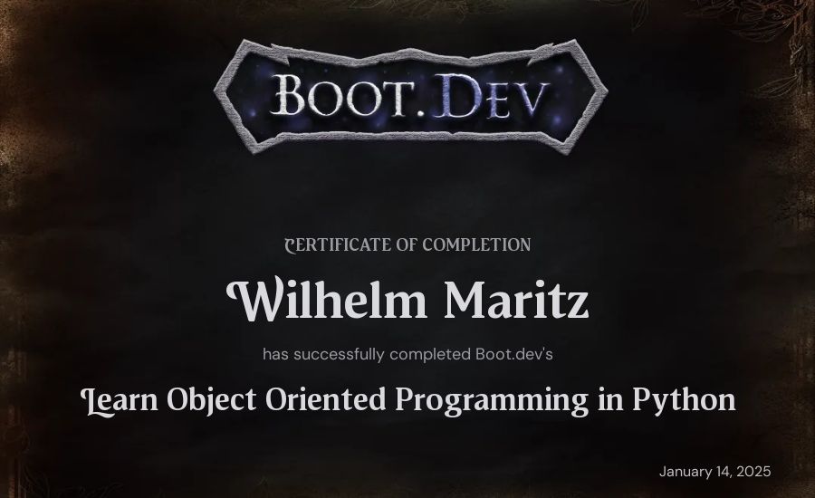 Wilhelm Maritz's Boot.dev Learn Object Oriented Programming in Python certificate
