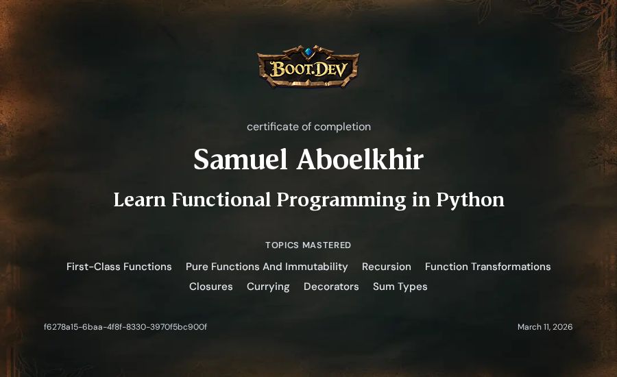 Samuel Aboelkhir's Boot.dev Learn Functional Programming in Python certificate