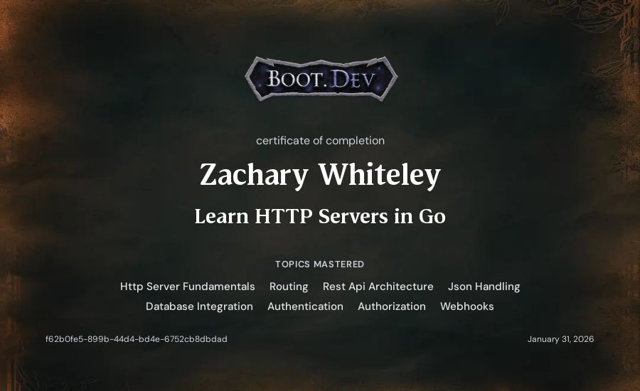 Zachary Whiteley's Boot.dev Learn HTTP Servers in Go certificate