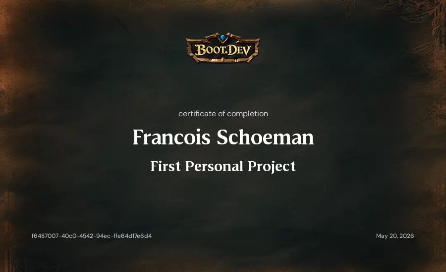 Francois Schoeman's Boot.dev First Personal Project certificate