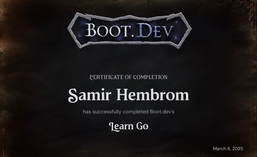 Samir Hembrom's Boot.dev Learn Go certificate
