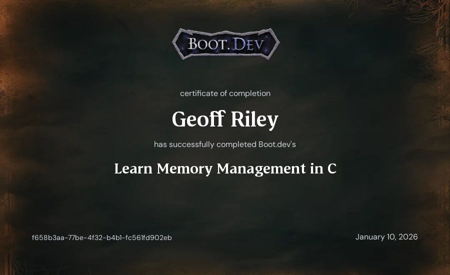 Geoff Riley's Boot.dev Learn Memory Management in C certificate