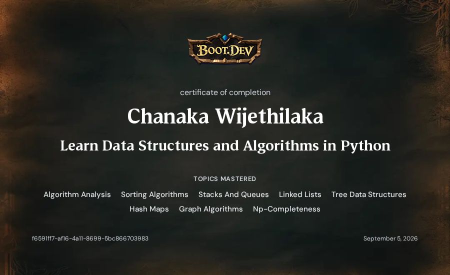 Chanaka Wijethilaka's Boot.dev Learn Data Structures and Algorithms in Python certificate