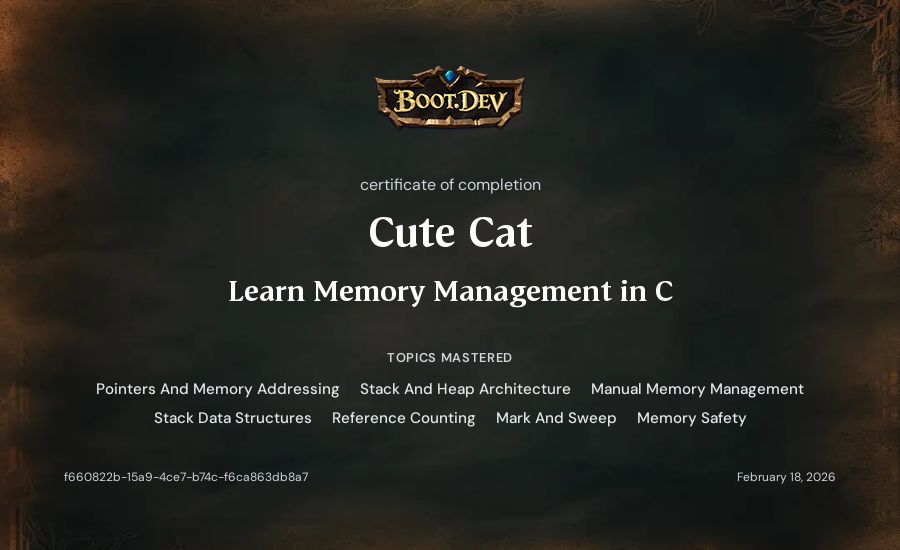 Cute Cat's Boot.dev Learn Memory Management in C certificate