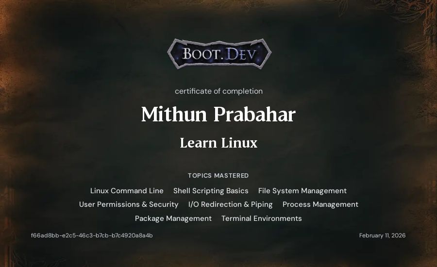 Mithun Prabahar's Boot.dev Learn Linux certificate