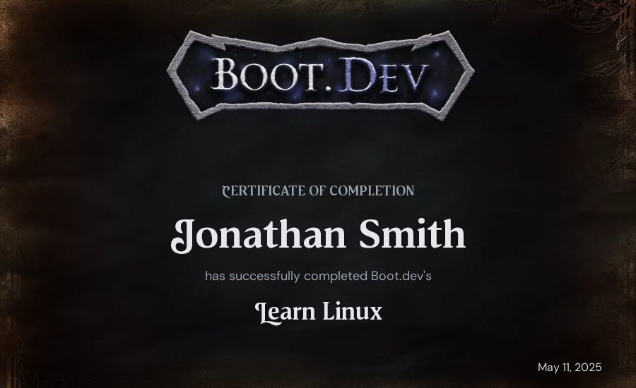 Jonathan Smith's Boot.dev Learn Linux certificate