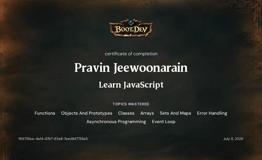 Pravin Jeewoonarain's Boot.dev Learn JavaScript certificate
