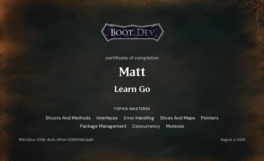 Matt's Boot.dev Learn Go certificate