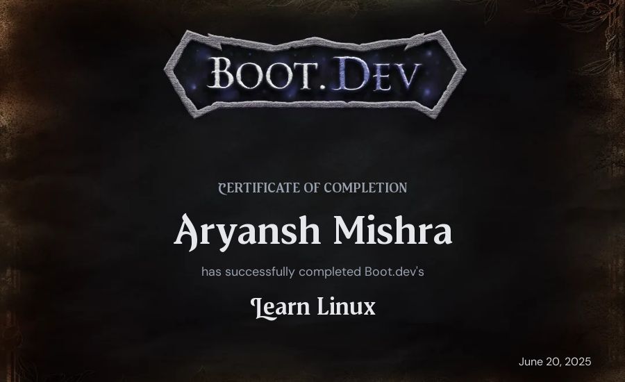 Aryansh Mishra's Boot.dev Learn Linux certificate