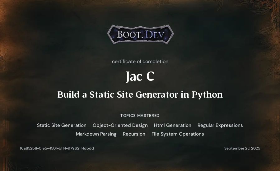 Jac C's Boot.dev Build a Static Site Generator in Python certificate