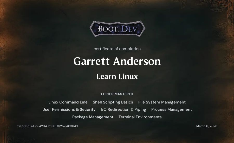 Garrett Anderson's Boot.dev Learn Linux certificate