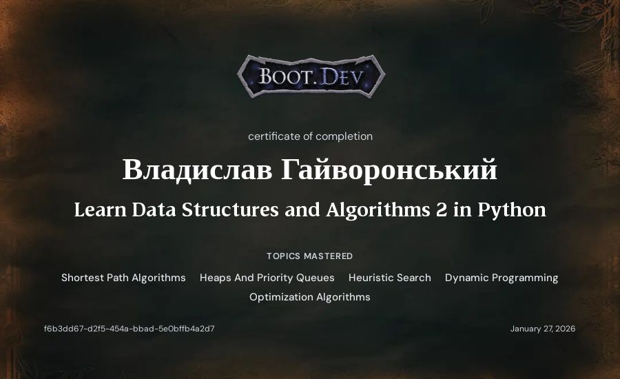 Владислав Гайворонський's Boot.dev Learn Data Structures and Algorithms 2 in Python certificate