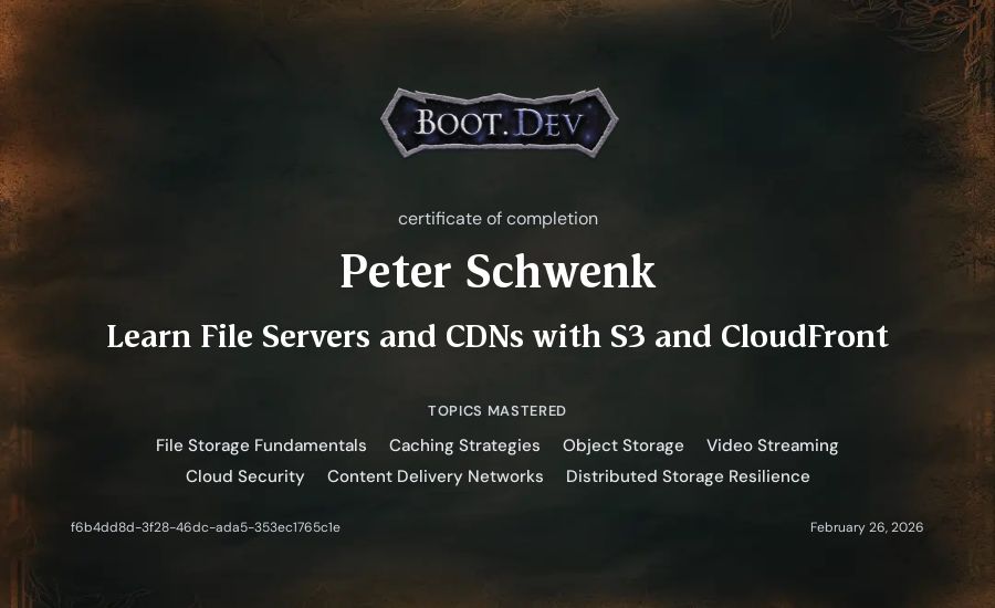 Peter Schwenk's Boot.dev Learn File Servers and CDNs with S3 and CloudFront certificate