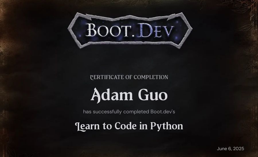 braba's Boot.dev Introduction to Python Course certificate