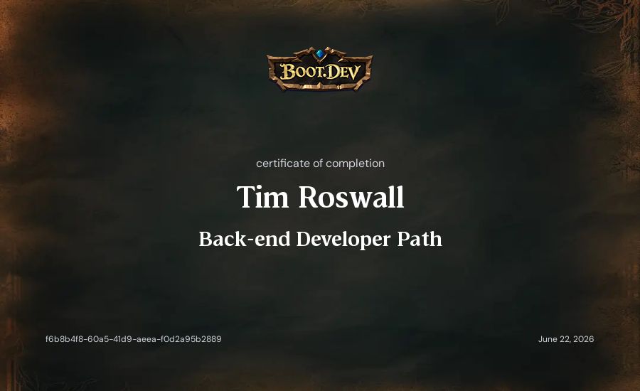 Tim Roswall's Boot.dev Back-end Developer Path certificate