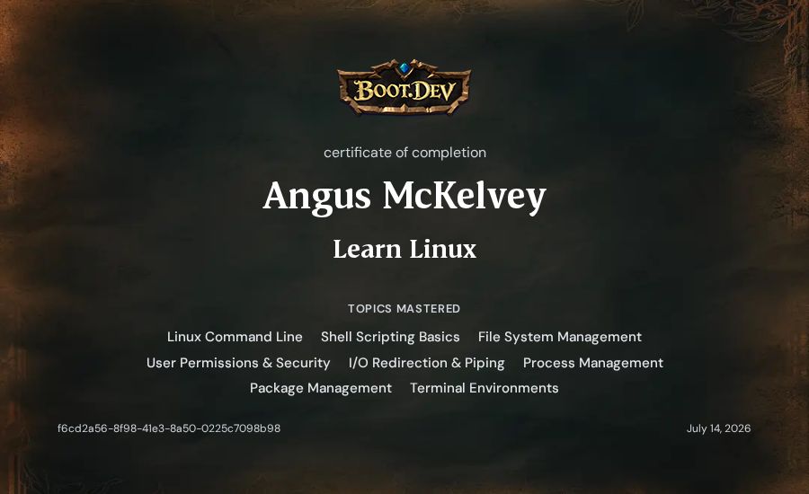 Angus McKelvey's Boot.dev Learn Linux certificate