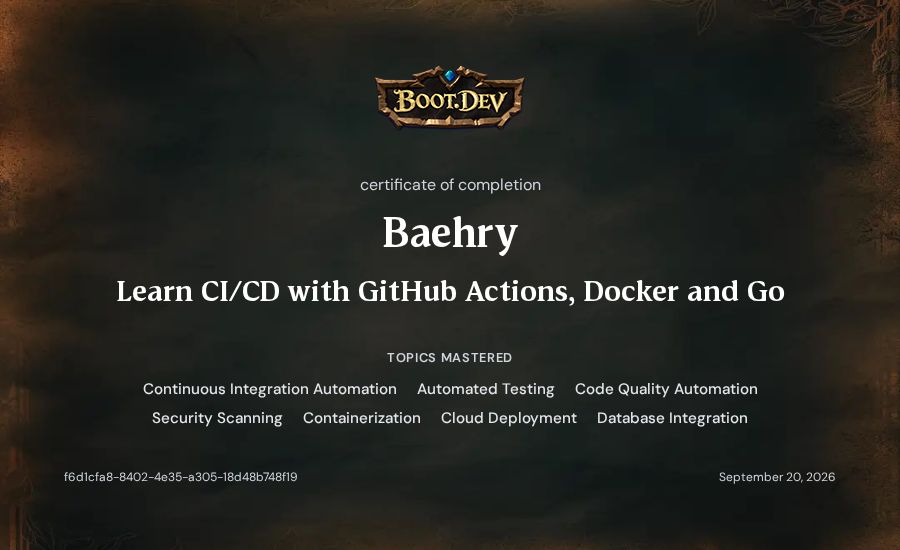 Baehry's Boot.dev Learn CI/CD with GitHub Actions, Docker and Go certificate