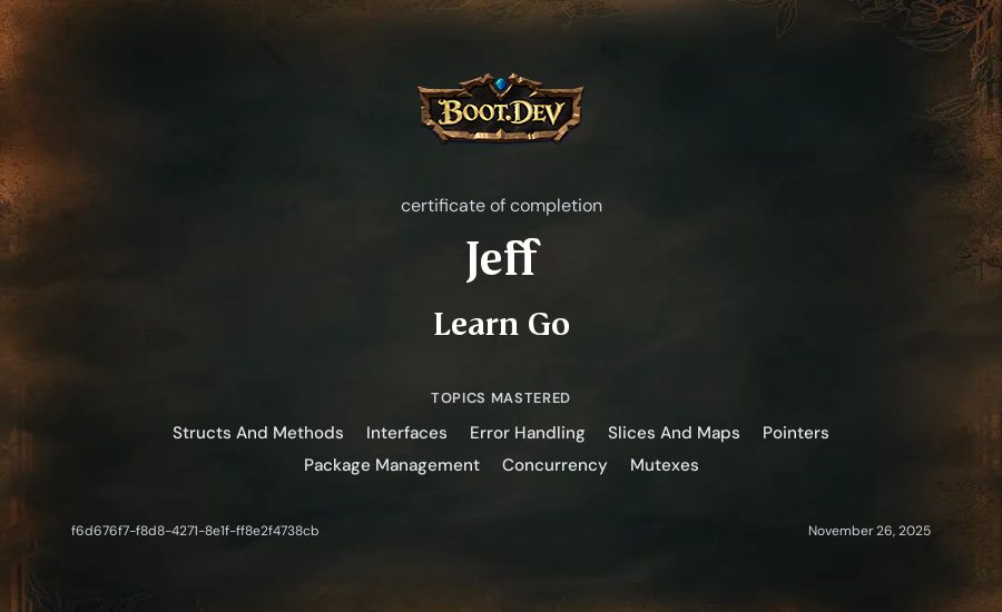 Jeff's Boot.dev Learn Go certificate