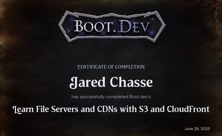 Jared Chasse's Boot.dev Learn File Servers and CDNs with S3 and CloudFront certificate