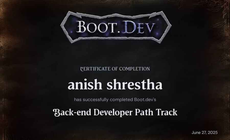 anish shrestha's Boot.dev Back-end Developer Path certificate
