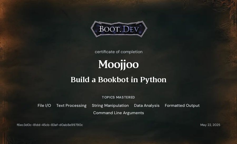 Moojjoo's Boot.dev Build a BookBot in Python certificate