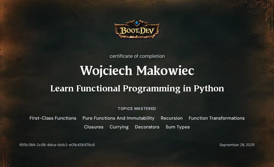 Wojciech Makowiec's Boot.dev Learn Functional Programming in Python certificate
