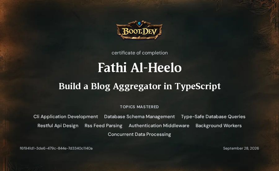 Fathi Al-Heelo's Boot.dev Build a Blog Aggregator in TypeScript certificate