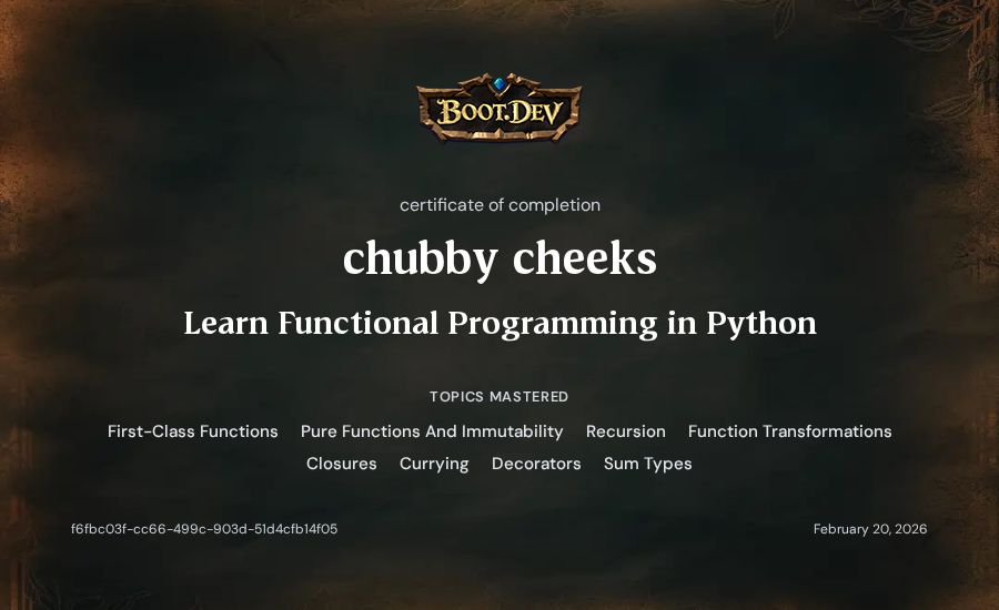chubby cheeks's Boot.dev Learn Functional Programming in Python certificate