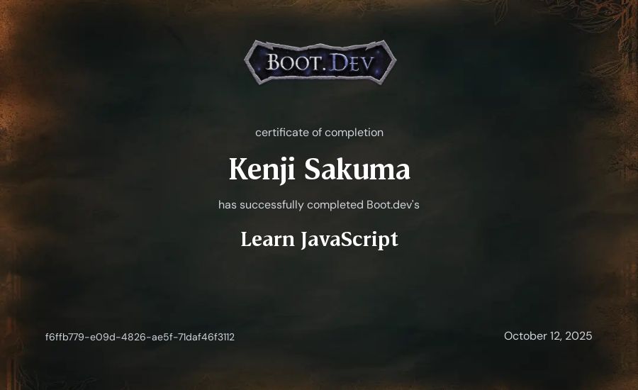 Kenji Sakuma's Boot.dev Learn JavaScript certificate