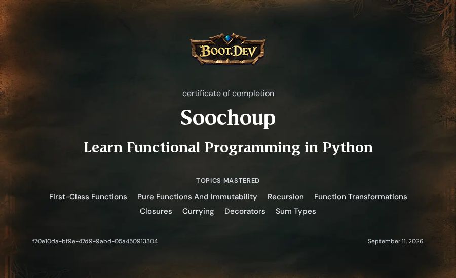 Soochoup's Boot.dev Learn Functional Programming in Python certificate
