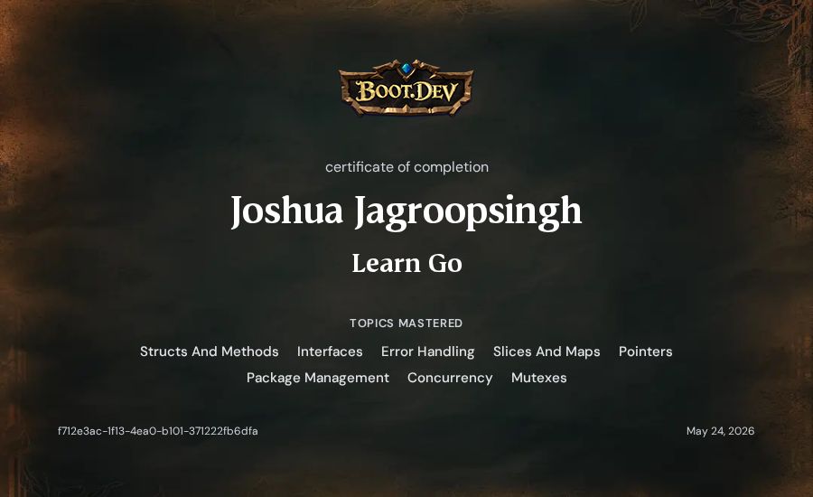 Joshua Jagroopsingh's Boot.dev Learn Go certificate