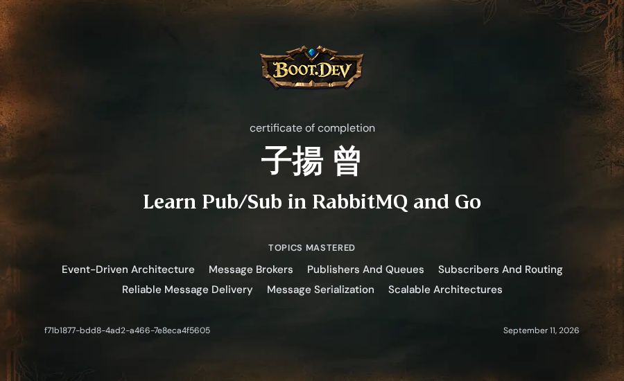 子揚 曾's Boot.dev Learn Pub/Sub in RabbitMQ and Go certificate